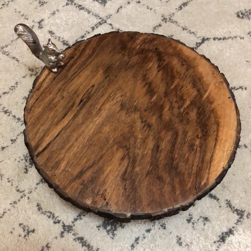 Wooden Serving Display Piece w/Silver Squirrel